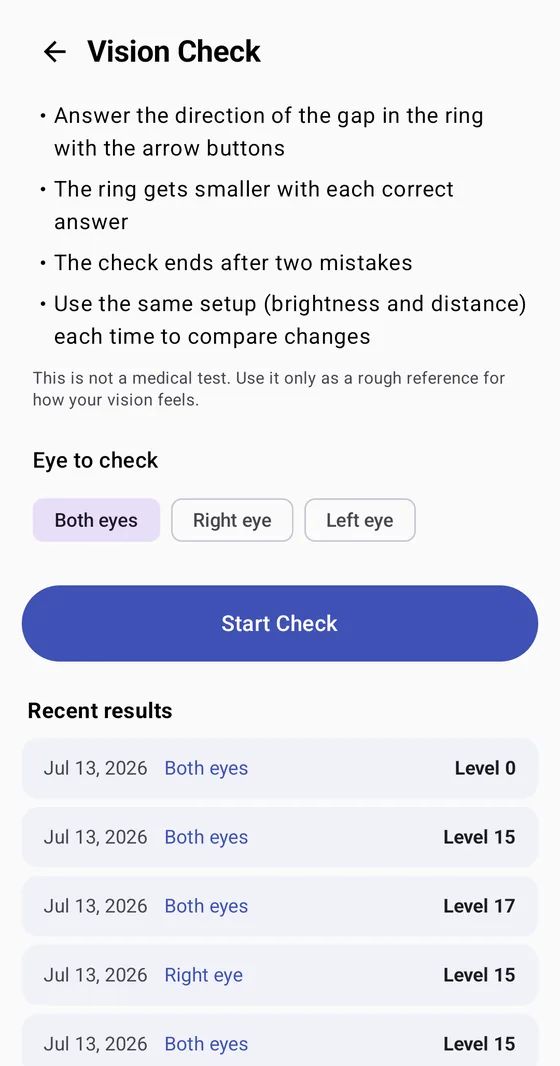 Vision Check screen